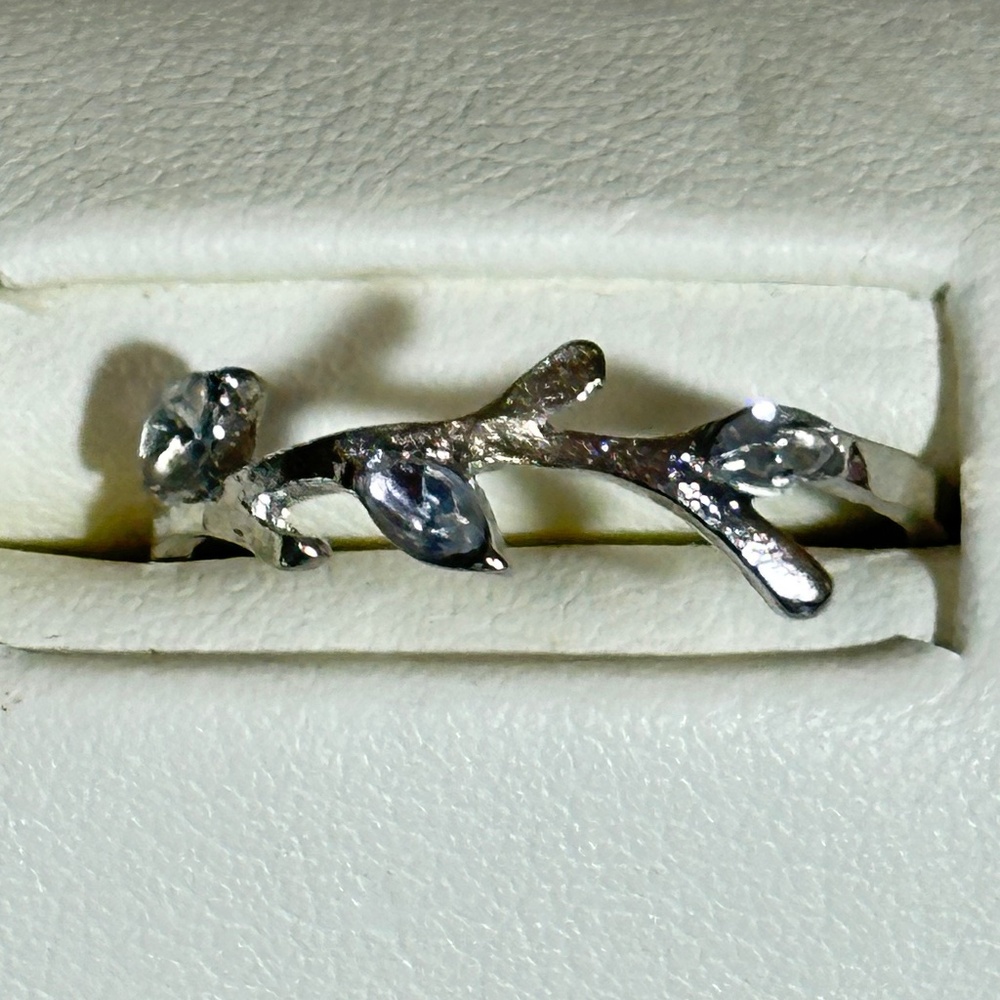Silver tone branch ring w/3 marquee lab created or synthetic diamond leaves